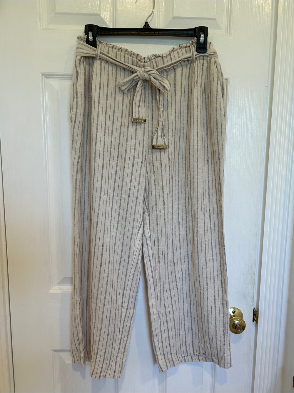 Calvin Klein Light Beige Striped Paperbag Waist Pants, small